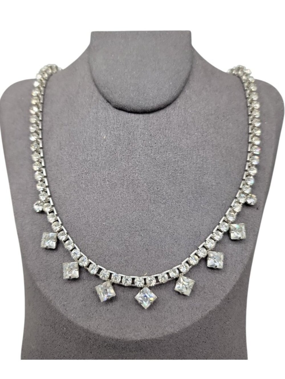 Princess Diamante Studded Necklace Vintage 17" Rhinestone Chain Silver Tone